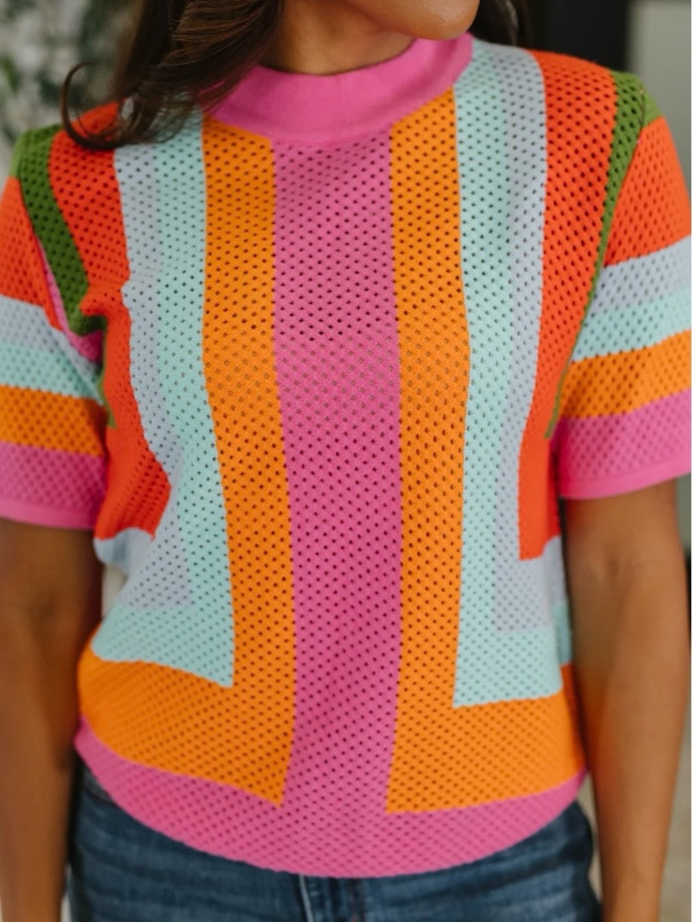 Mod Boutique Sunset Stitch Colorblock Short Sleeve Knit Top